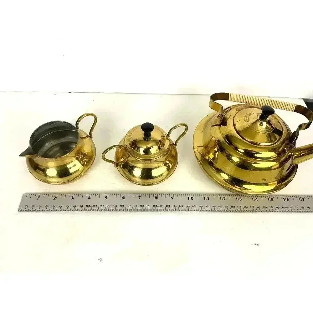 3 PC VTG Brass Pitcher Double‎ Handles Lidded Spout Made in Holland MCM
